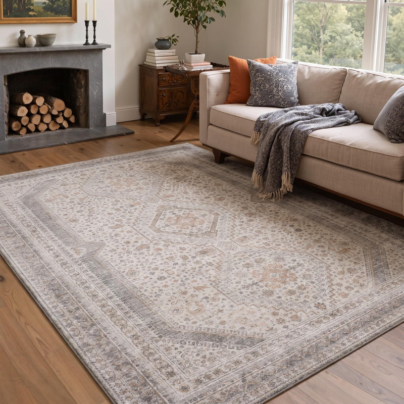 Tapis performance d'intérieur ivoire / crème Medallia Diamond Medallion intérieur lavable à la machine avec envers antidérapant