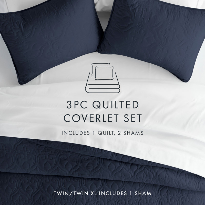 Becky Cameron Damask Pattern Lightweight Quilted Coverlet Set, Navy, King/Cal. King Coverlet + 2 King Shams