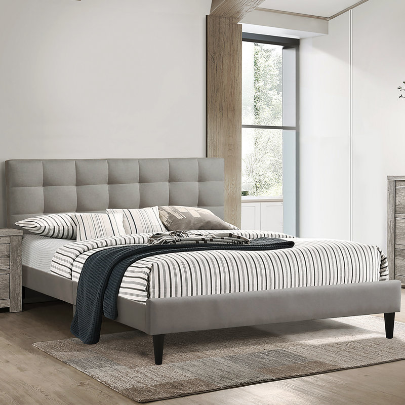 California King Gray Upholstered Platform Bed with Tufted Headboard