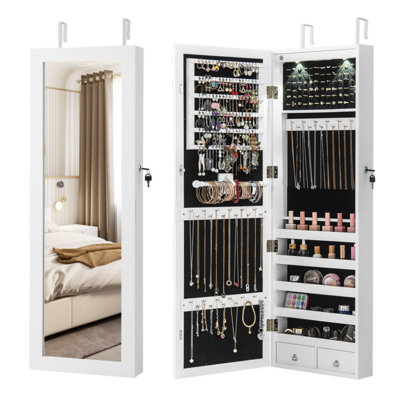 Lockable Wall Mount Mirrored Jewellery Cabinet with LED Lights