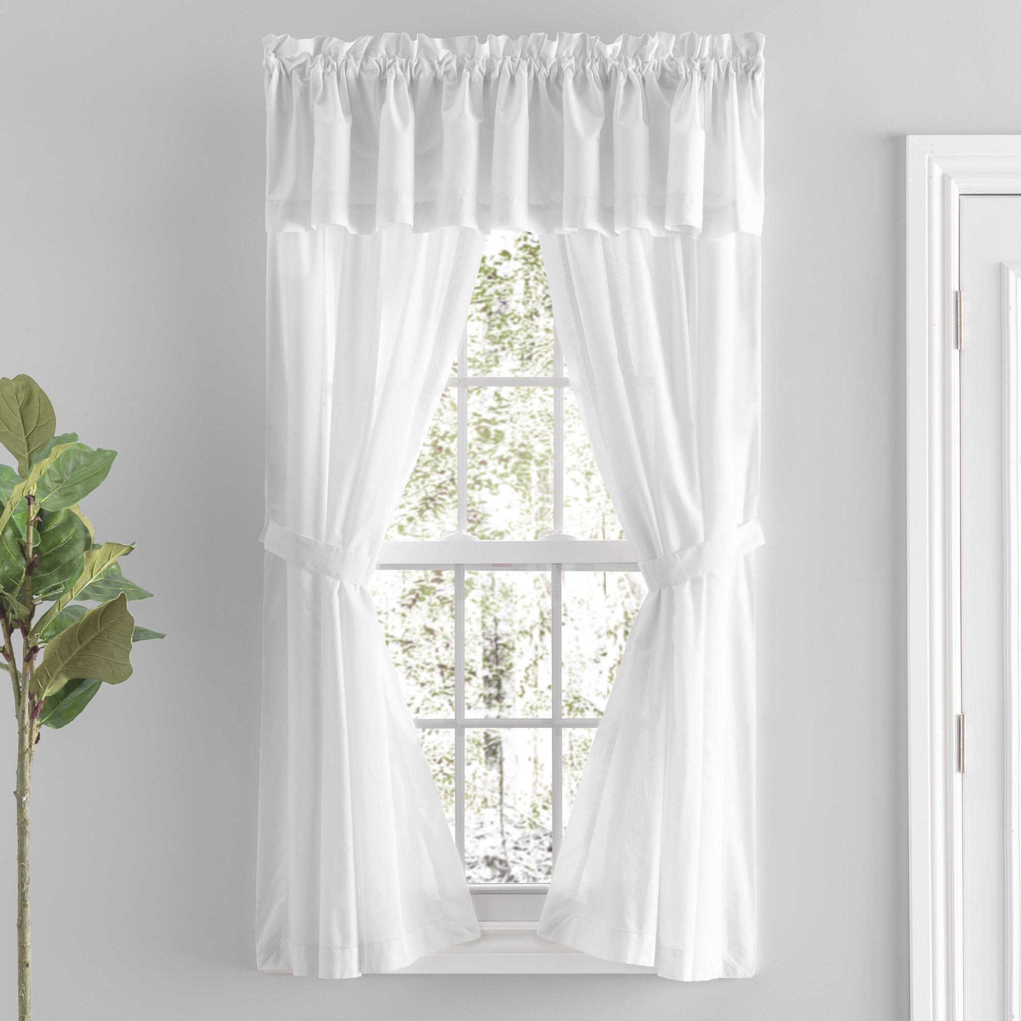 Blandford Premium 100% Cotton Solid Hemstitch Semi-Sheer Rod Pocket Curtain Panels with Tie-Backs, 40" x 54", White