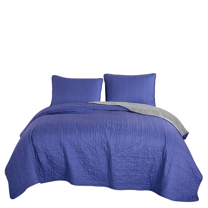 Polyester Coverlet, King Coverlet/Bedspread + 2 King Shams, Royal Blue/Grey