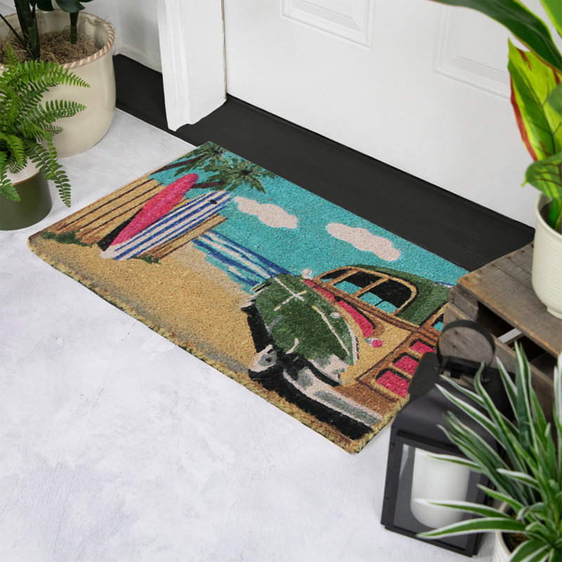 Tapis de porte rectangulaire en fibre de coco rétro 18 po x 30 po Car on Beach