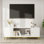 Meuble télé 70 po en blanc, console en bois robuste pour le salon avec rangement pour armoire, tablette réglable et pieds en métal blanc