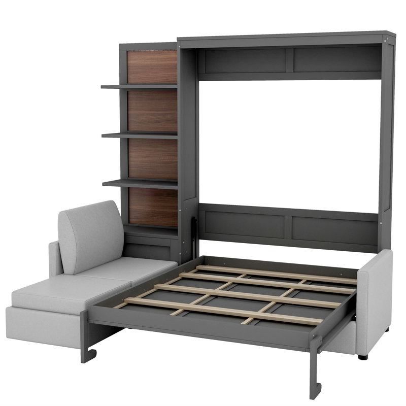 Grand lit escamotable mural avec canapé et tablettes, Gris