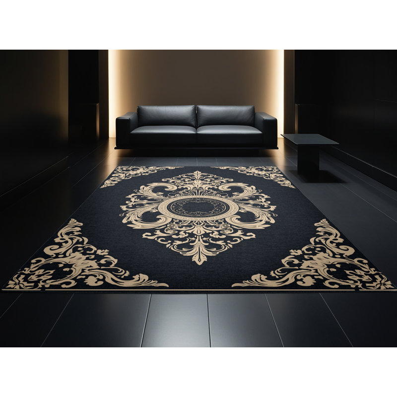 Tapis damas doux et moelleux en gris - noir, 7 x 9