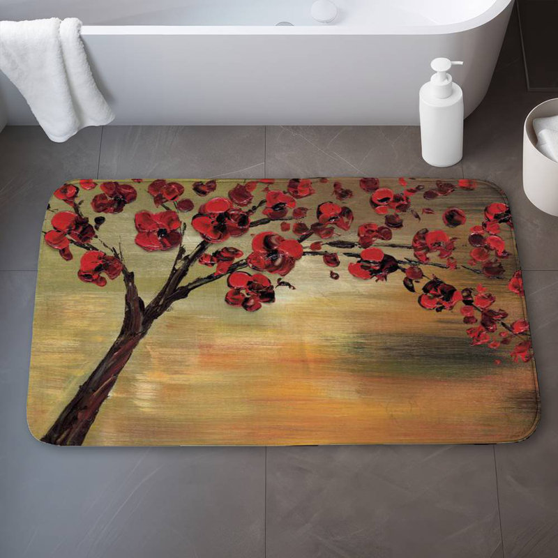 Red flowers tree Bath Mat with Non-Slip Backing - Quick Dry Memory Foam Bathroom Rug - Absorbent - Modern Plush Spa-Style - Machine Washable