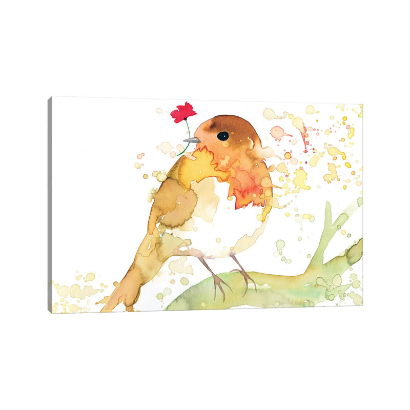 Robin avec coquelicot - reproduction d'art, Toile tendue, Pas de tapis, H 18 po x l 26 po x P 1,5 po