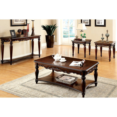 Table basse 3 pièces au design traditionnel avec pieds tournés, tablette ouverte et placage de bois teinté cerisier pour le salon avec finition solide