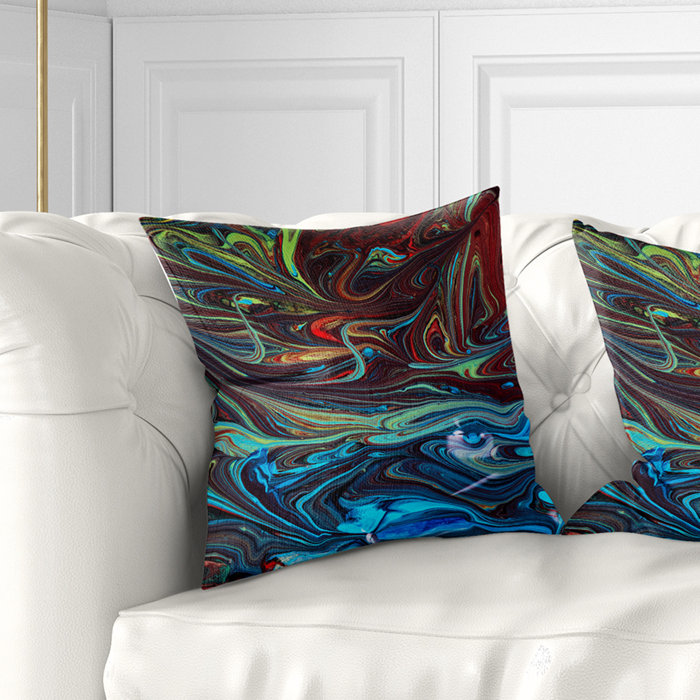 Mélange de peinture acrylique rouge et bleu abstrait - Coussin imprimé abstrait, 18 po x 18 po, Coussin décoratif