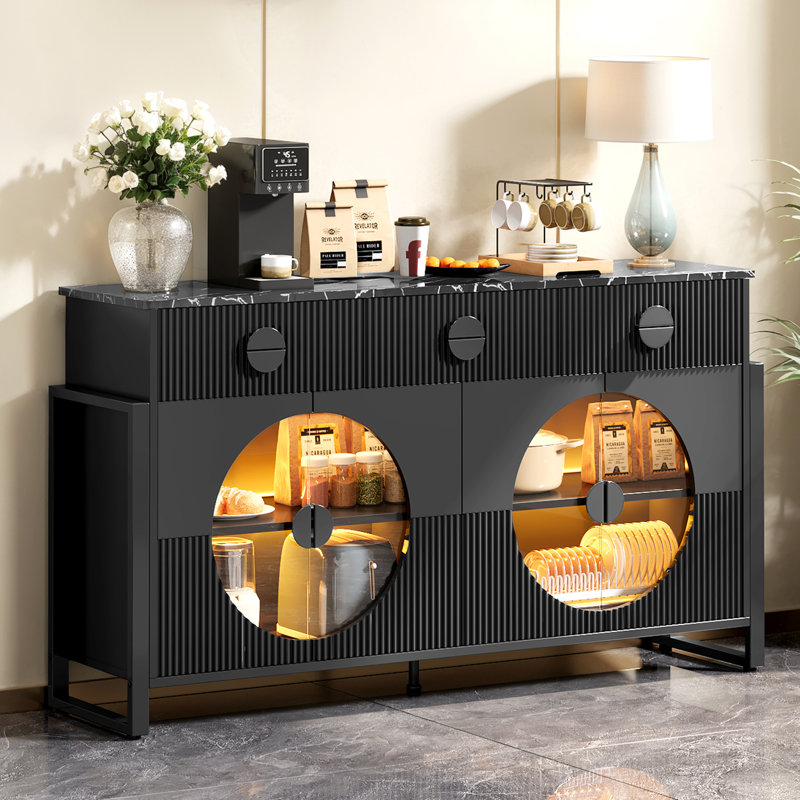  62.2" W Wide Sideboard Cabinet with LED Light and Adjustable Shelves, Modern Fluted Buffet Cabinet with 3 Drawers and Glass Door