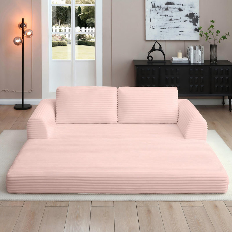 Canapé-lit rembourré 82 po avec 2 coussins en velours côtelé rembourré Corduroy - aucun assemblage requis, Rose