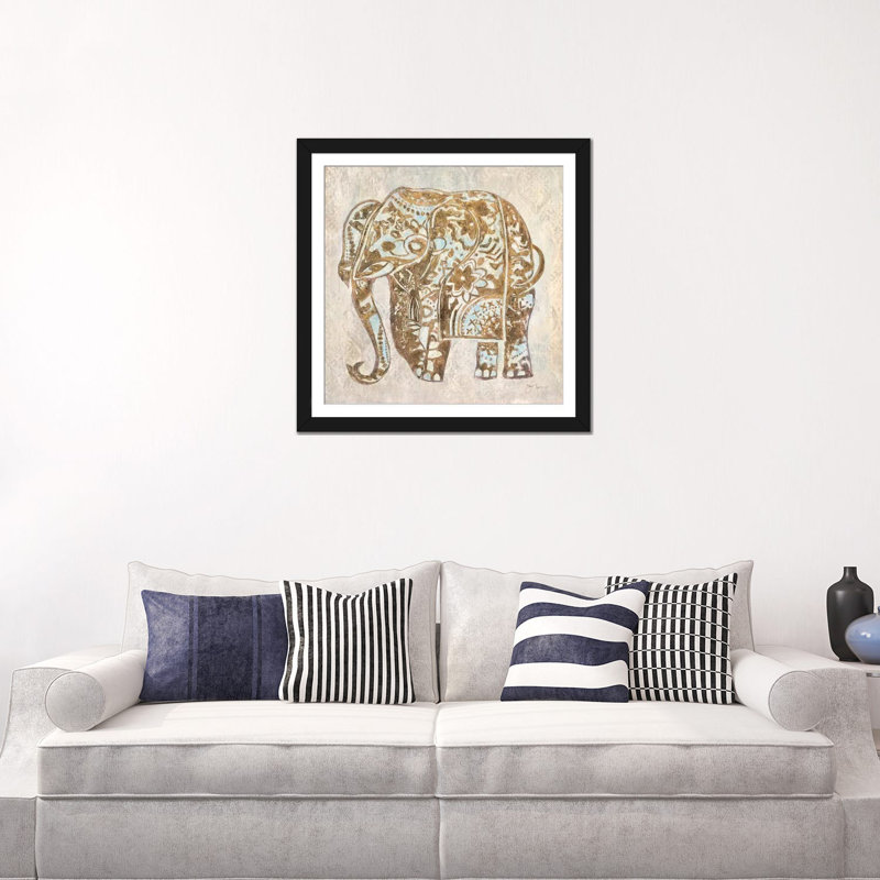 «Boho Elephant», impression sur toile, H 16 po x l 16 po x P 1 po, Papier d'art encadré noir, Blanc