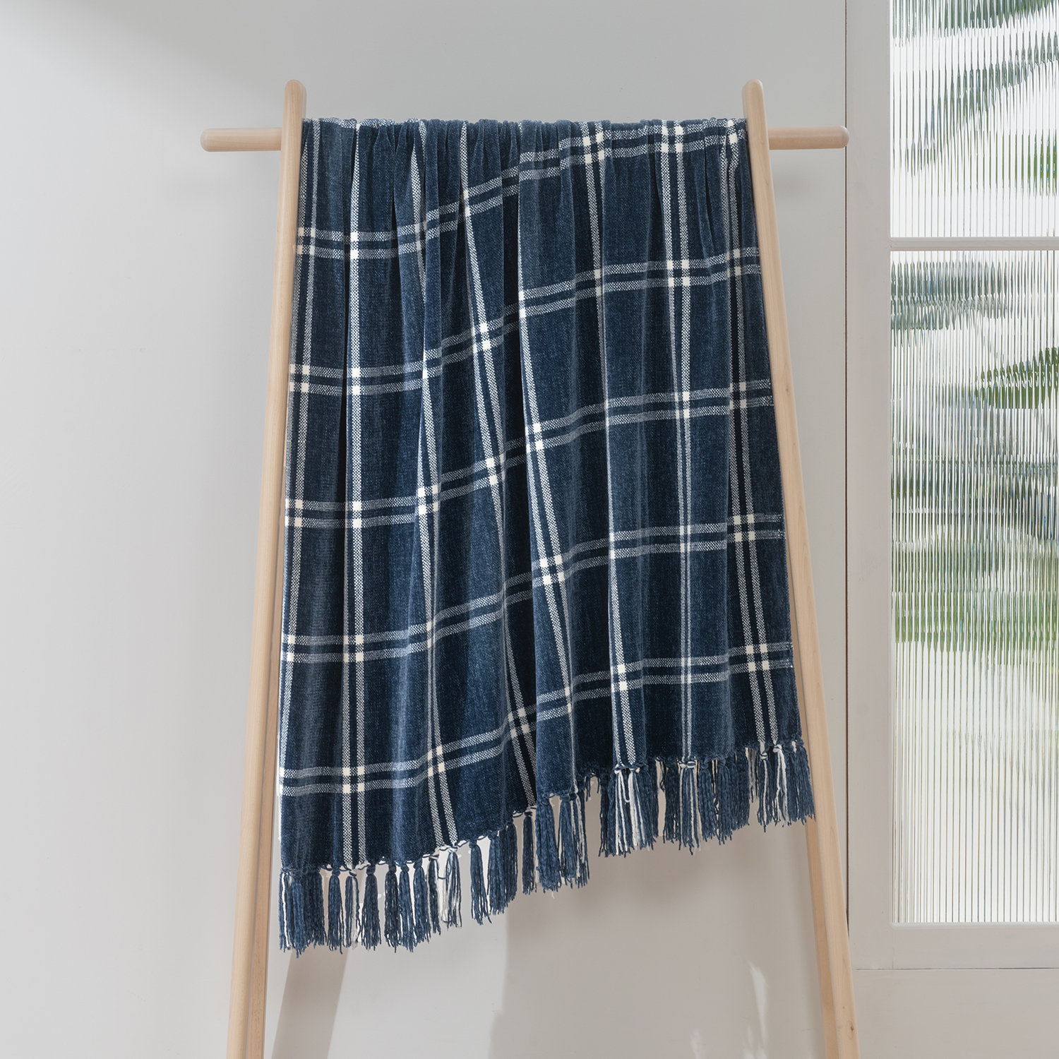Soft Chenille Throw Blanket, 80" L x 60" W, Navy Blue/White Plaid