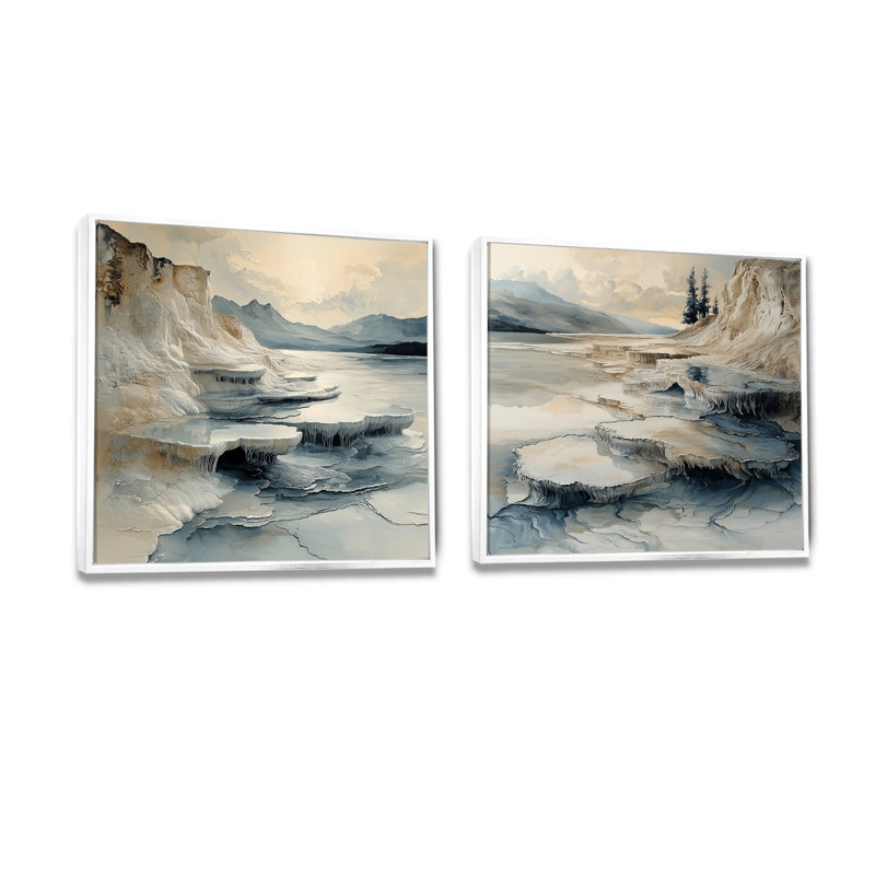«Hot Springs» de Istanbul, Pamukkale gris, art mural industriel, 2 pièces, H 36 po x l 73 po, Impression encadrée flottante