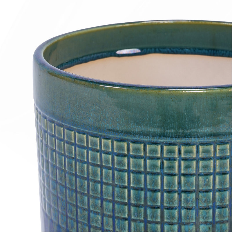 Ensemble de pots de fleurs en céramique émaillée verte faite à la main de 3, 10 po, 8 po et 6 po de diamètre, à motif quadrillé carré, pour les plantes d'intérieur et d'extérieur, pour les plantes grasses et les tables, en argile respirante avec trous de drainage