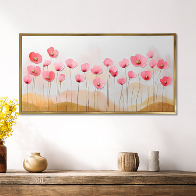 «Yellow Pink Poppies Summer Sunrise II», reproduction d'art encadrée sur toile jaune