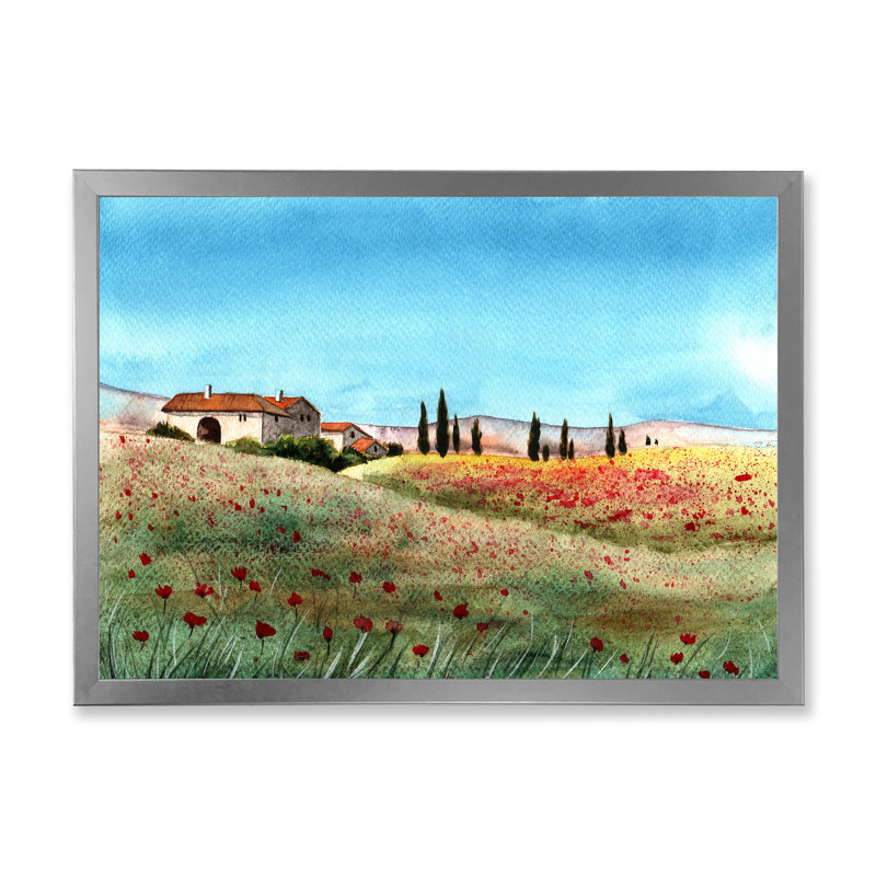 «A Tuscany Landscape With Distant Villa», reproduction sur toile, H 16 po x l 32 po, Toile argentée avec cadre d'angle fermé