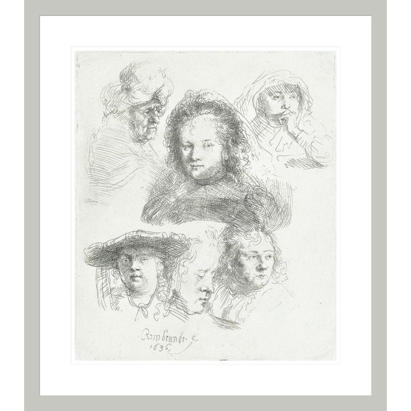 Études des têtes de Saskatche et d'autres femmes par Rembrandt van Rijn, H 26,63 po x l 23,5 po