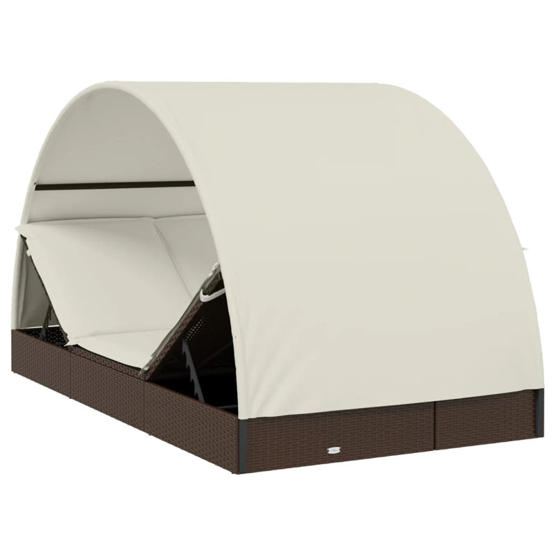 2-Person Sunbed with Round Roof Patio Daybed Furniture Poly Rattan, Brown, Brown