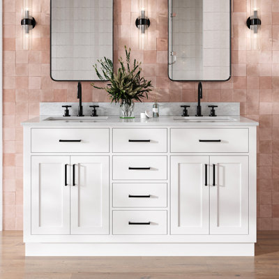 Meuble-lavabo double en bois massif 60 po avec lavabo en marbre de Carrare 0,75 po Jameal