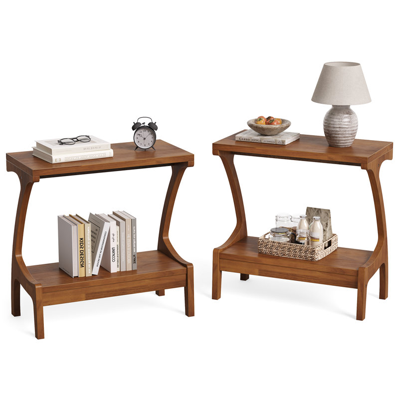 End Table Set Of 2, Solid Wood 2-tier Sofa Side Table, Light Brown