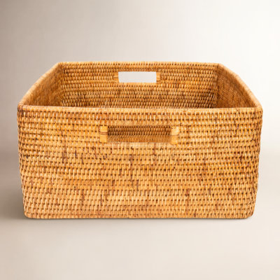 Hand-Woven Rattan Rectangular Basket with Handles