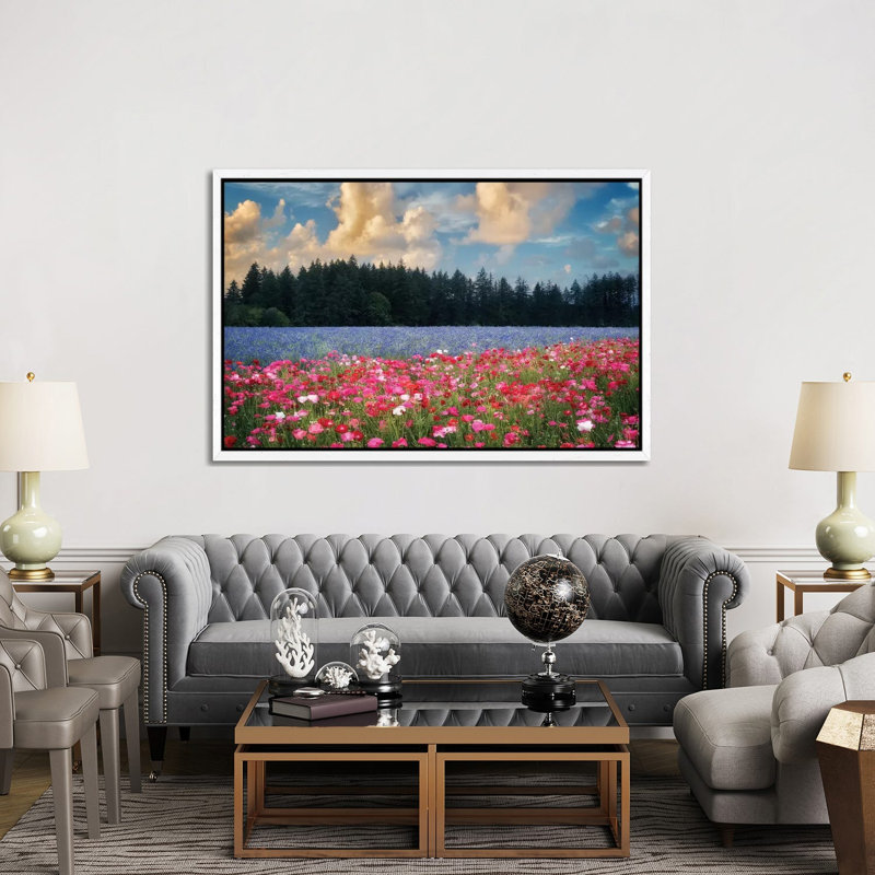 Flower Field Sunrise I by Dennis Frates - Print on Canvas, White Framed, 101.6cm H x 152.4cm W x 3.81cm D