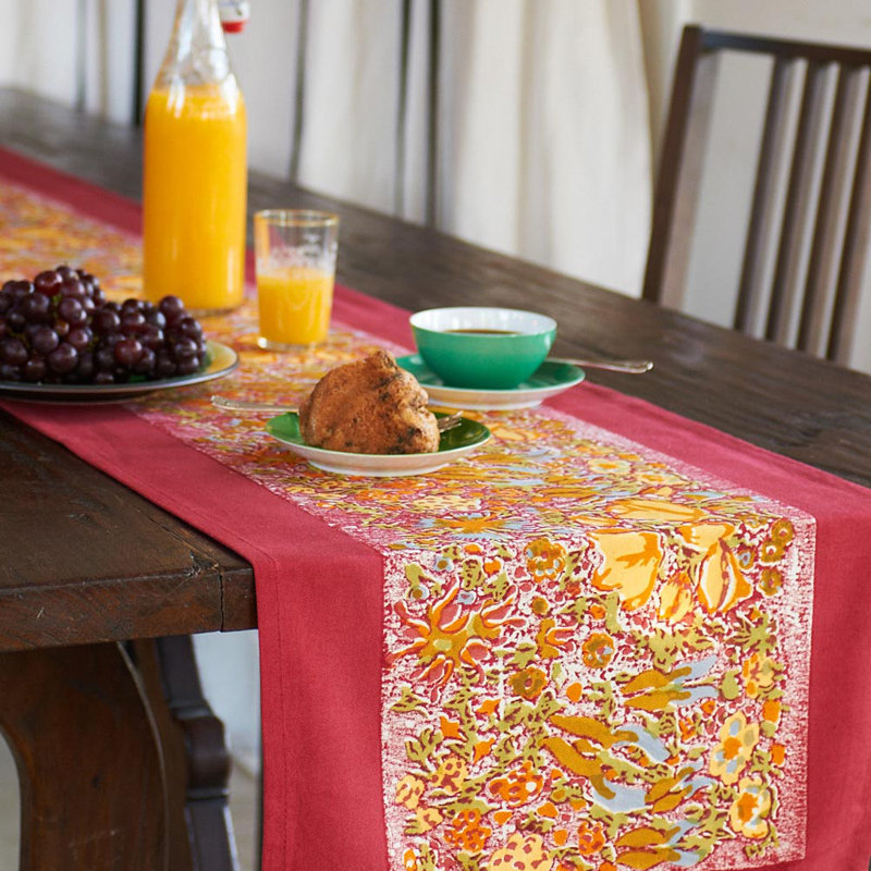 Handcrafted Water Resistant Floral Table Runner, 90" L x 16" W, Blue/Green