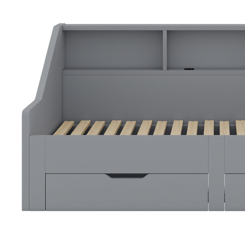 Structure de lit de jour avec bibliothèques de rangement et deux tiroirs, conception de chargement, Gris
