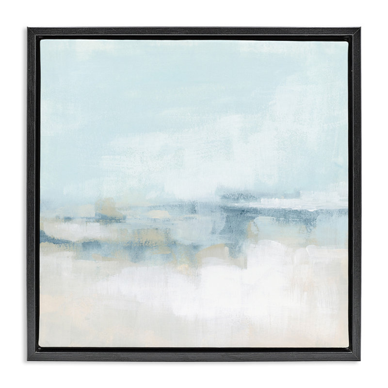 Abstrait paysage nuageux brouillard bleu, H 18 po x l 18 po, Cadre flottant noir de jais