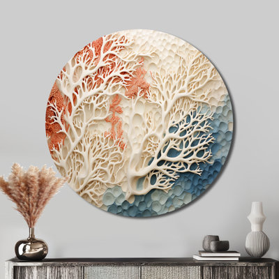 Collage corail rose et blanc I - animaux, art en métal rond