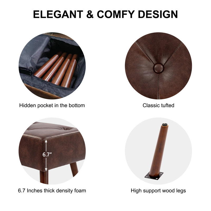 44" Wide Mid-Century Modern Tufted Faux Leather Bedroom Bench Upholstered Wood Entryway Bench, Dark Brown