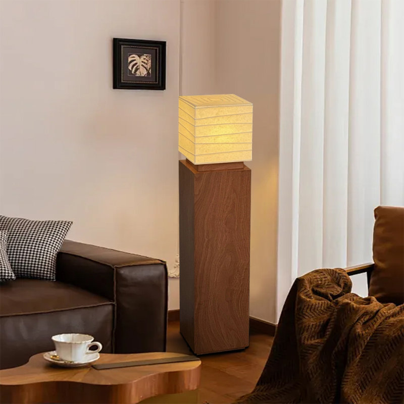 Mid-century style floor lamp with hardware structure and rice paper lampshade, 35.43"