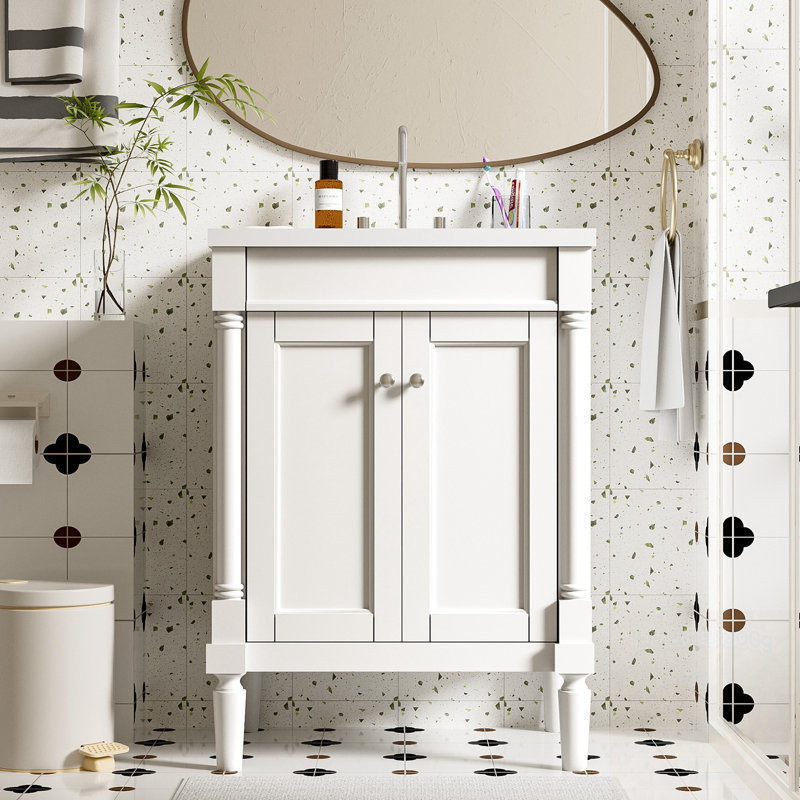 Meuble-lavabo en bois avec lavabo, 2 portes et tablettes de rangement, Blanc
