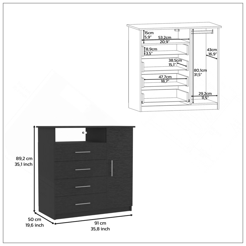 Commode 4 tiroirs, 1 tablette ouverte, plateau supérieur, armoire à une porte, noir, Noir