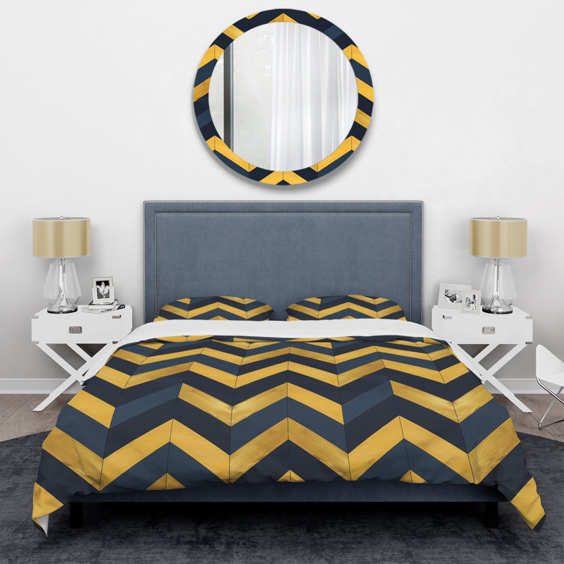 Ensemble de housse de couette moderne bleu et jaune à motif de chevrons glamour IV, Blue/Yellow Chevron I