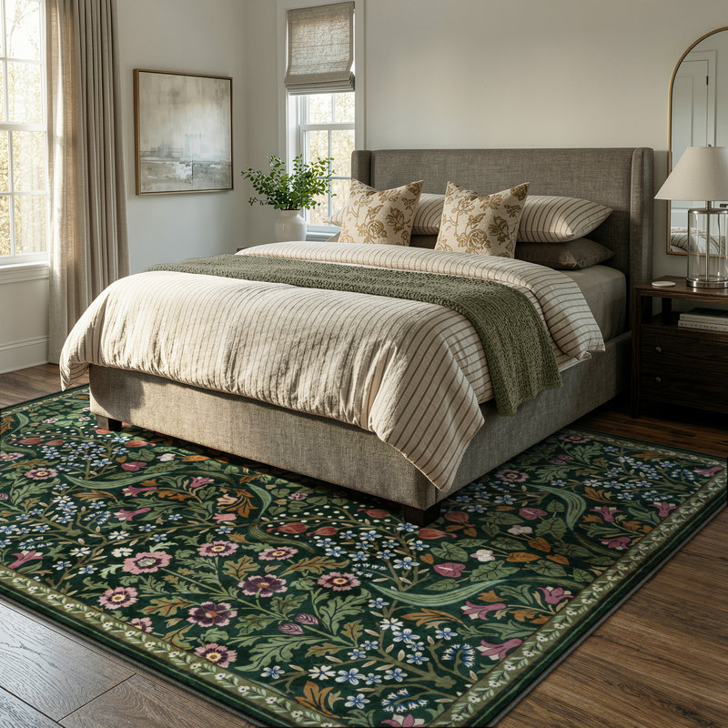 Tapis lavable à motif floral Kaldi, Vert, Rectangle 6' x 9'