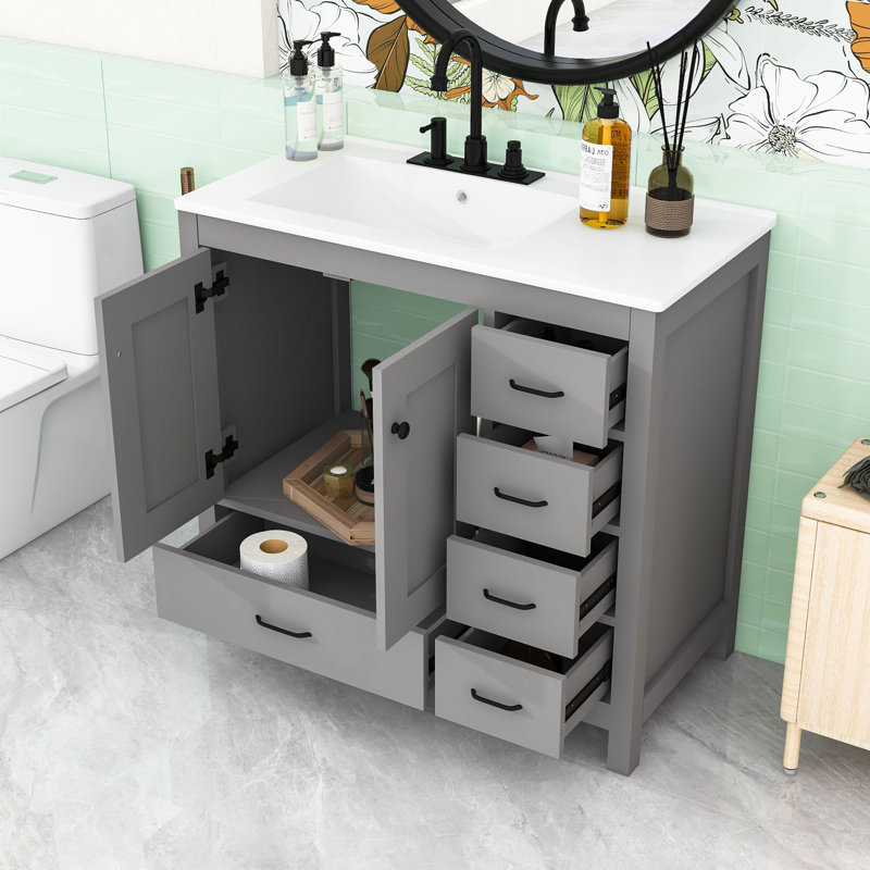 Meuble-lavabo de salle de bain avec lavabo en céramique, 2 portes à fermeture douce et 5 tiroirs, Gris