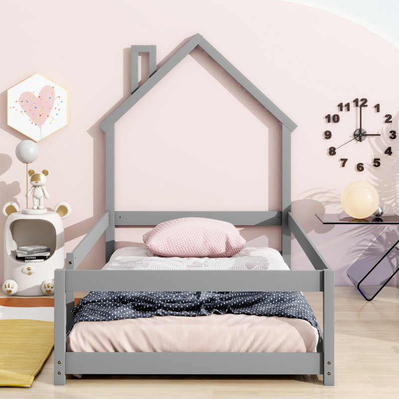 Wood bed with House-shaped Headboard Floor bed with Fences, Grey