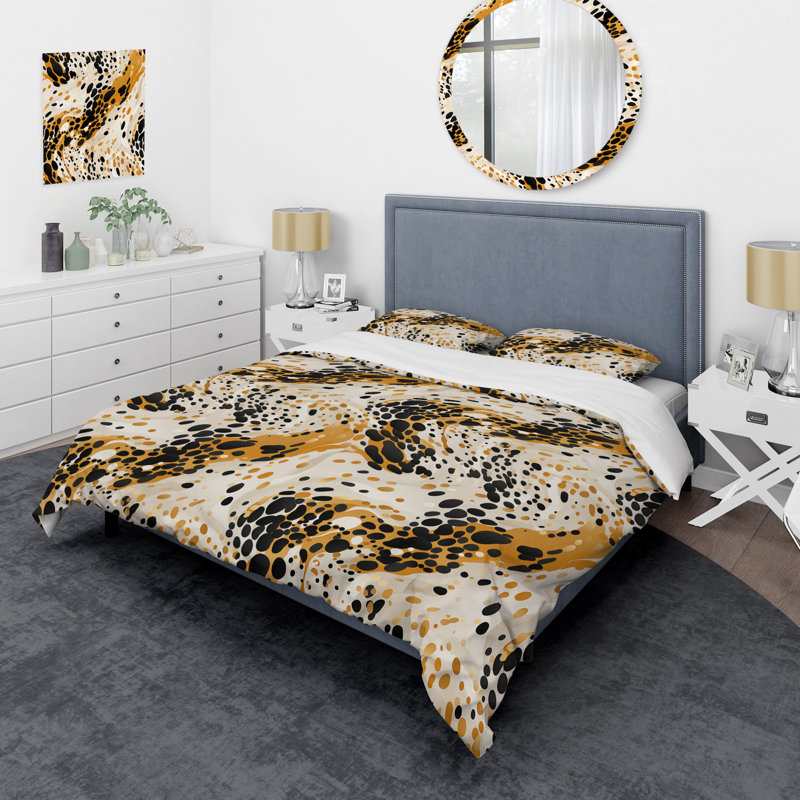 Literie à imprimé guépard sauvage jaune et noir, Housse de couette pour grand lit et 2 taies décor