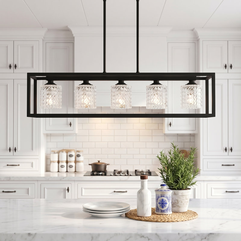 Lustre rectangulaire moderne en acier à 5 lumières pour îlot de cuisine Gerberoy, Matte Black