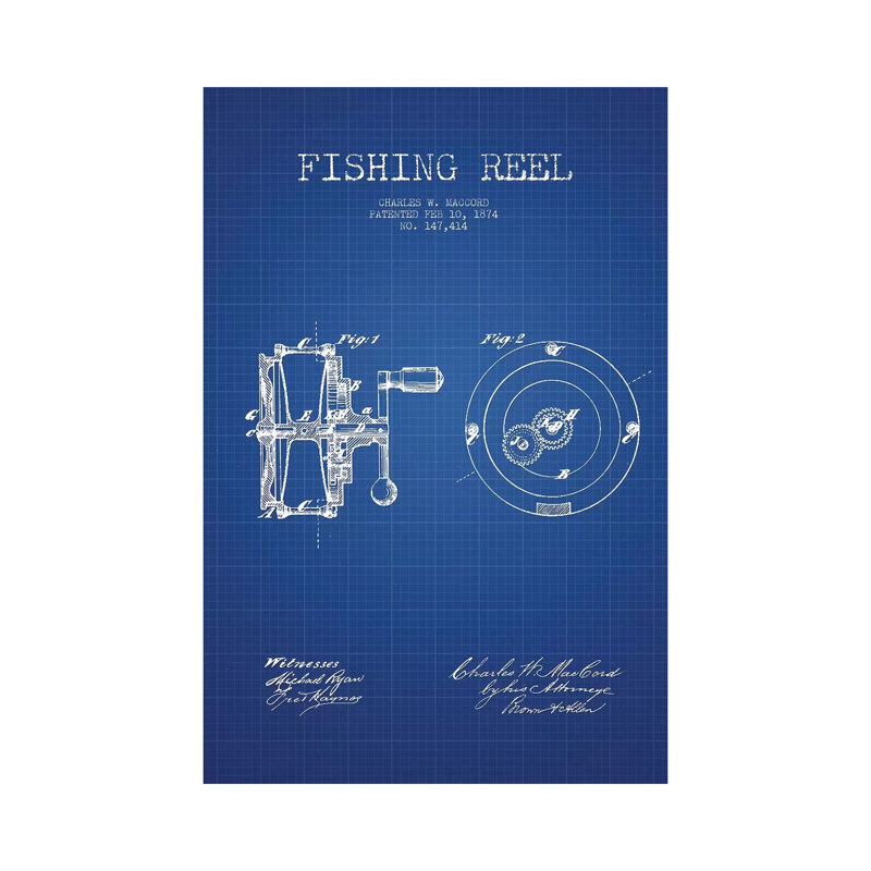 Charles W. MacCord Fishing Reel Patent Sketch (Blue Grid) by Aged Pixel - Wrapped Canvas Gallery-Wrapped Canvas Giclée