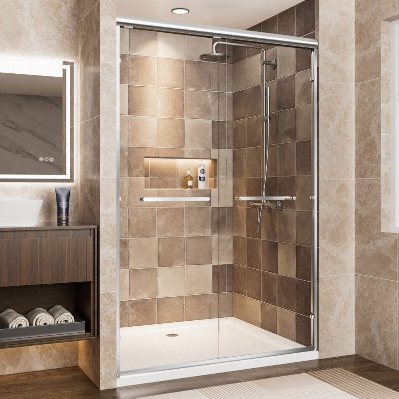 44"-48" W X 72" H Aluminum Frame Double Sliding Shower Door, 1/4" (6Mm) Clear Tempered Glass With Explosion-Proof Film, Dual Stainless Steel Handles