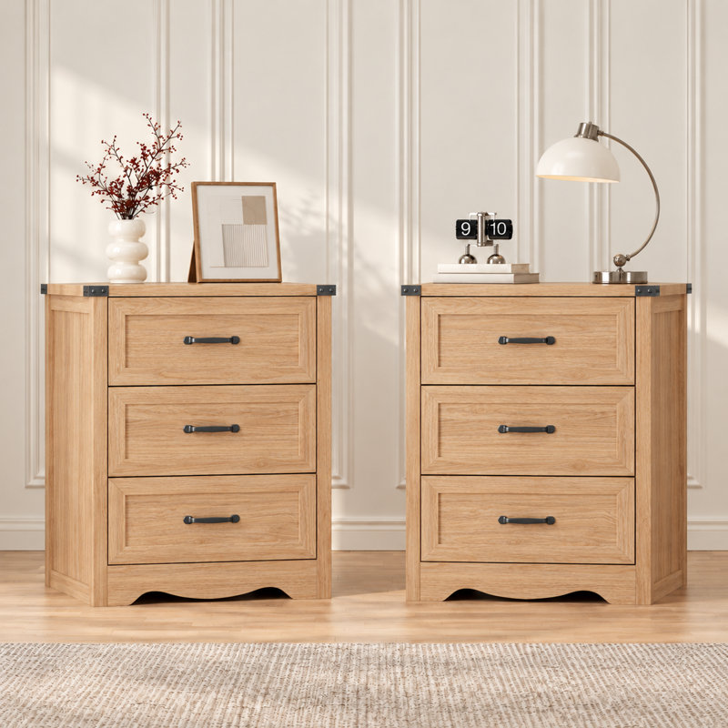 Ensemble de 2 tables de chevet avec poignées en métal, rangement de chevet rustique à 3 tiroirs de 23,6 po pour la chambre à coucher