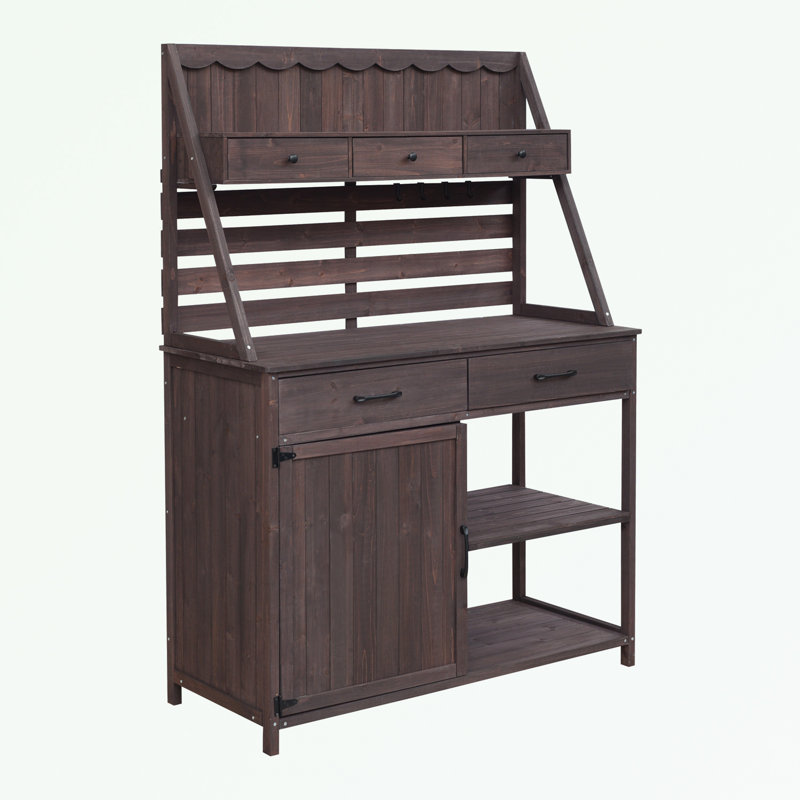 Banc de rempotage en bois de sapin avec 5 tiroirs, panneau arrière à lattes et armoire de rangement