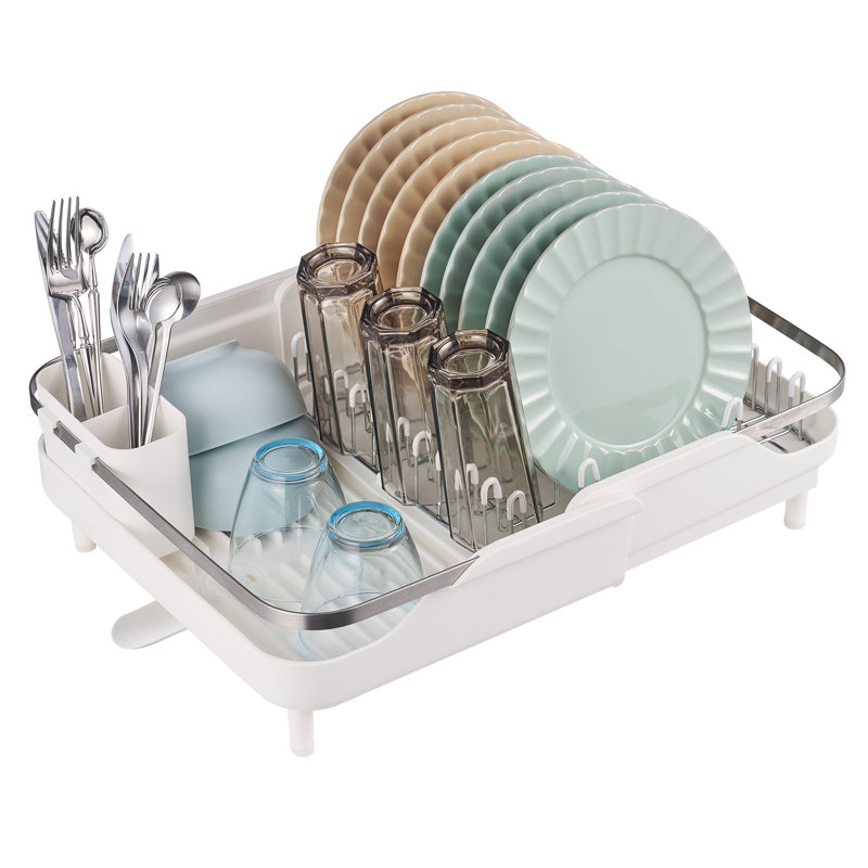 Expandable White and Stainless Steel Dish Drying Rack with Utensil Cup