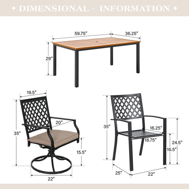 Alyah 6 - Person Patio Dining Set with Rectangular Table , Cushions Included, Brown, 60" L x 28.7" H