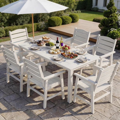 All Weather Outdoor Table and Chairs 7 Pieces Patio Dining Sets Outside Furniture With Umbrella Hole& Aluminum Frame HIPS Modern Patio Dining Set for 6 Person for Outside Backyard/Porch/Deck, 1-Table 6-Chairs, White