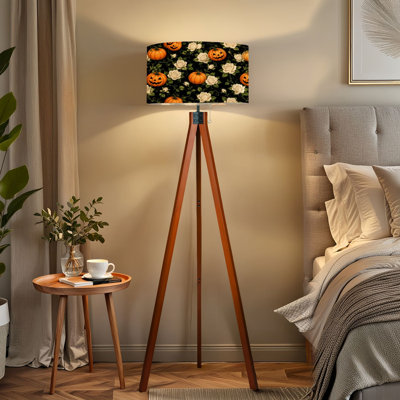 Tripod Standing Lamp Halloween o Lanterns White Roses Black Remote Controlled Dimmable LED Floor Lamp with Beech Wood Legs & Detachable Linen Shade fo